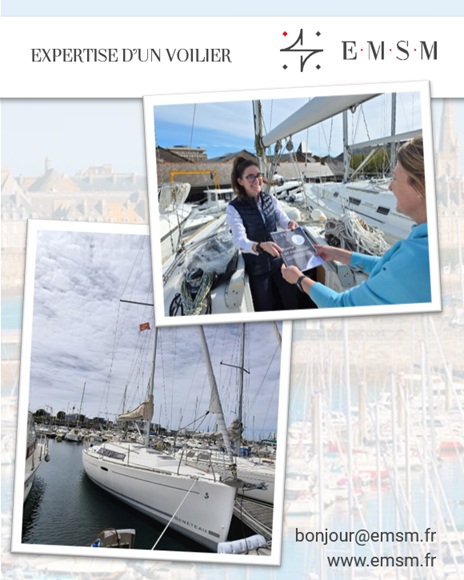 expert maritime dans un chantier naval à Saint-Malo sur un voilier d'occasion à sec qui remet un rapport à un acheteur Océanis 31 Bénéteau